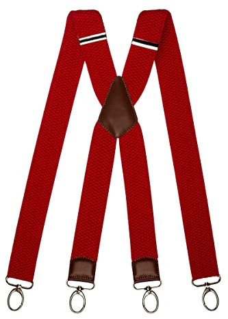 Olata Extra Breite Herren Hosenträger X-Form mit Braun Leder und Karabinerhaken – 4 cm. Rot