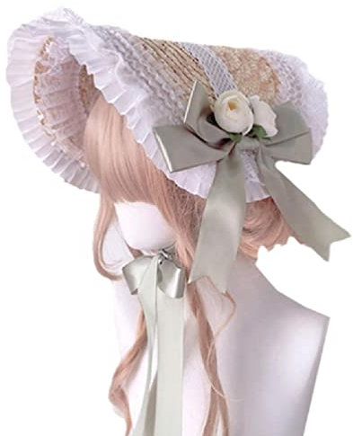 UNFAIRZQ Sombrero de paja de flores para mujer con correa de barbilla con volantes de encaje para sombreros de sol, fiesta de té, cinta victoriana vintage para fiesta de té, sombrero de sol, sombrero