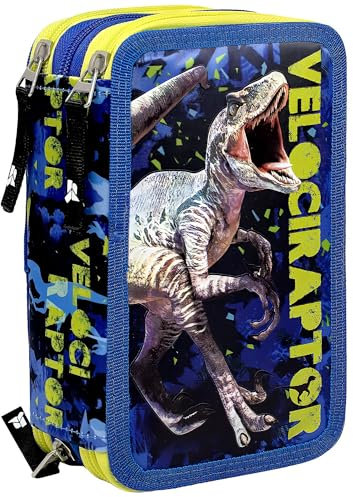 Julian Ross Velociraptor Dinosaurier Federmäppchen Kinder, 3 Organisierte Fächer, Federtasche Junge Gefüllt mit Schreibwaren, Jungen Schulmäppchen, 45 Teilen für die Schule, Klebestift, 20cm