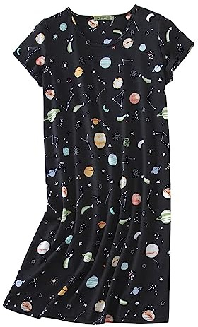 CHUNG Damen Nachthemden Kurzarm Nachtkleid Schlafhemd Sommer Schlafshirt Kurzarmshirt Baumwolle Nachtwäsche Mit Sterne Animals Black Galaxy, XXL