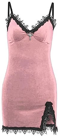 TSMNZMU Damen Gothic Minikleid Samt Ärmellos Lolita Kleider Emo Grunge Punk Kleid Goth Sexy Neckholder Kleid, Ärmellos, Rosa, XX-Large