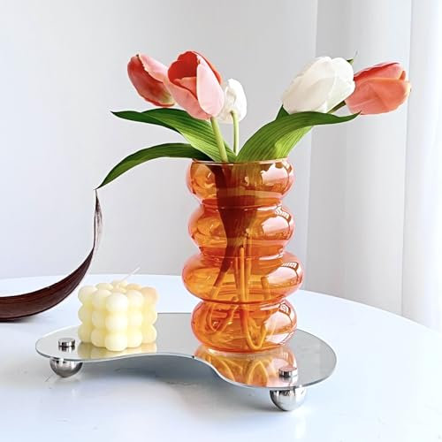 BLOFLO Transparente Glasvase, Hydrokultur, 17,8 cm, orangefarbene Glasvase, vierschichtige, geometrische Glasvase, Blumenvase für Zuhause, Büro, Hochzeitstisch (Orange)