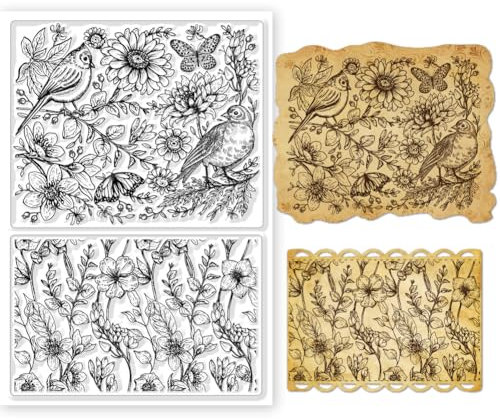 GLOBLELAND Transparente Stempel Mit Blumen Und Vögeln Blumen Vögel Hintergrund Dekorative Transparente Stempel Silikonstempel Für Kartenherstellung Und Fotoalbum-Dekoration Und DIY-Scrapbooking