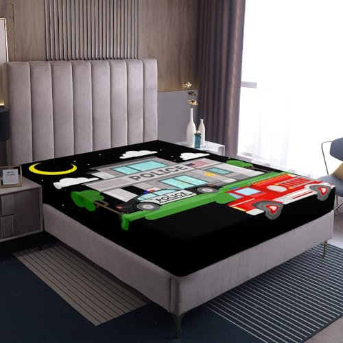 Jungen Polizei Auto 90x200x30 Spannbettlaken Rote Feuerwehrauto Blätter,Mond und Sterne Bettwäsche Sternenhimmel Bettdecke,Cartoon Auto Bett Set Kleinkind Schwarz Schlafzimmer Dekor (Tiefe Tasche)