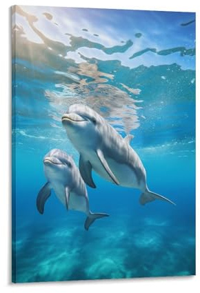 FOCCAR Schwimmen Delphin Gemälde auf Leinwand Wandkunst Natur Tropischer Ozean Wildtiere Moderne Leinwanddrucke Poster Wanddekoration für Heimdekorationen