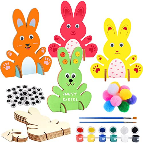 10 Stück Hasen aus Holz zum Bemalen, DIY Osterhase Deko, Bastelset Kinder mit Bunte Mini Pompons und Kulleraugen und Bemaltes Set, für Kinder Ostern und Frühling zum Dekorieren (C)