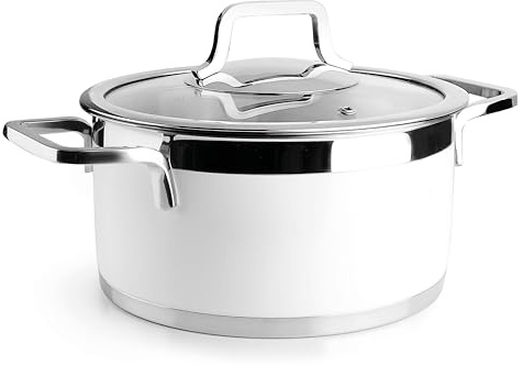 Lacor - 15420 - Buffetauflauf mit Deckel weiß, Edelstahl 18/10, Innenverkleidung geschliffen, ergonomische Griffe, Boden mit Sandwich-Wärmeverteiler, induktionsgeeignet, backofenfest, Ø20cm, weiß