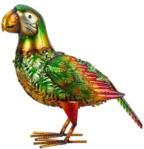 Geschenkestadl Glänzender Metall Papagei 31cm Bunte Vogelfigur Gartenfigur Dekoration Haus und Garten