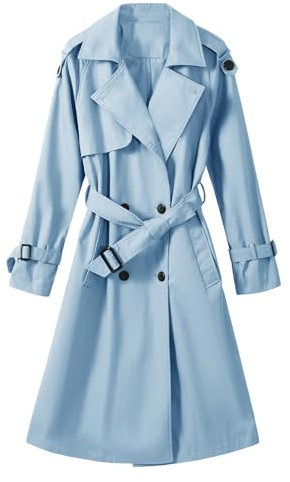 Tuopuda Damen Trenchcoat Zweireiher Lange, Mantel Klassische Herbst Frühling, Jacke Trench mit Gürtel Damenmantel Baumwolle Windjacke Übergangsmantel Winddichter Reverskragen, Blau, S