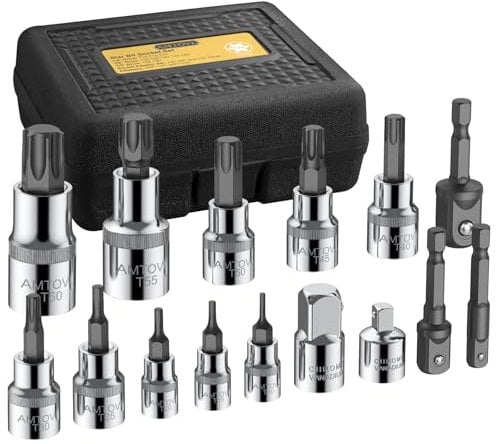 AMTOVL Jeu de 15 Douilles Torx Femelle 50BV30 Douille + S2 Embout T10-T60 Douille d’Entraînement 3 Adaptateur 1/4 3/8 1/2 avec Etui Portable pour Réparations à Domicile et Entretien Professionnel