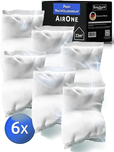 BonAura® AirOne - Recambio para deshumidificador (6 unidades, 680 g, granulado para deshumidificador, para viviendas, protección contra moho y olores