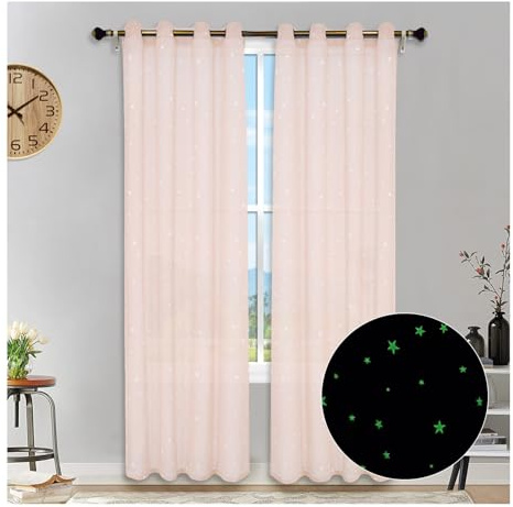 HonunGron 2 Stück Sterne Vorhang Verdunklungsvorhänge, Im Dunkeln leuchtende Sternvorhänge, Halbtransparent Sterne Vorhänge mit Ösen für Kinderzimmer Wohnzimmer Schlafzimmer (Rosa,160 X 132cm H x B)