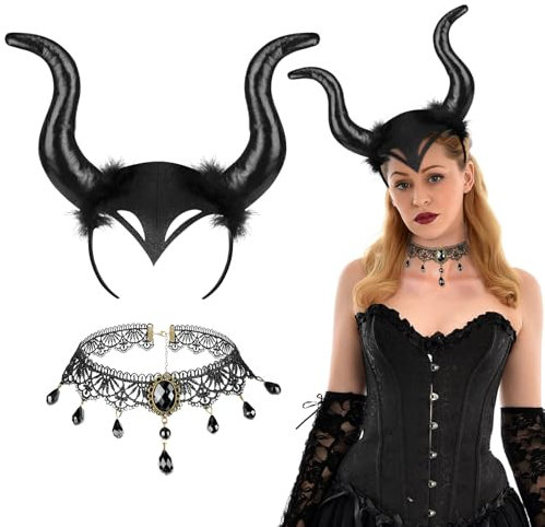 AYBUY Serre-Tête Corne Diable, Collier en Dentelle Bandeau Diable, Serre-Tête Noir Cosplay Costume Corne pour Cosplay, Mascarade, Carnaval