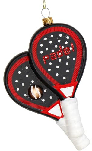 Christbaumschmuck Glas 14,3cm - Tennisschläger Figur zum Aufhängen - handbemalt & mit Glitzer - Weihnachtsbaum Anhänger für Weihnachten - Christbaumanhänger & Weihnachtsbaumschmuck - Schwarz Rot