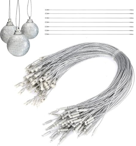100Pcs Christmas Tree Ornament Hanger String Silver Ribbon with Snap Fastener Precut Hanging Ropes Ornaments Snap Cord for Christmas Tree Baubles Gift Decorations (Silver)