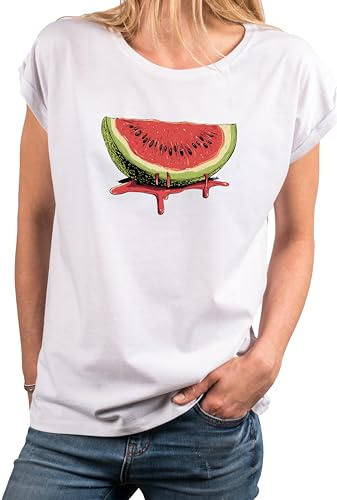MAKAYA Damen Shirt Wassermelone Motiv Früchte Top Kurzarm Sommer Oberteile Watermelon Frauen Mädchen Weiß M
