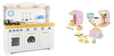 Leomark wooden children's kitchen white blue 106x32x107cm (H), culinary adventure for children, play kitchen with clock, oven, washing machine and dishwasher + mixer, toaster, espresso machine