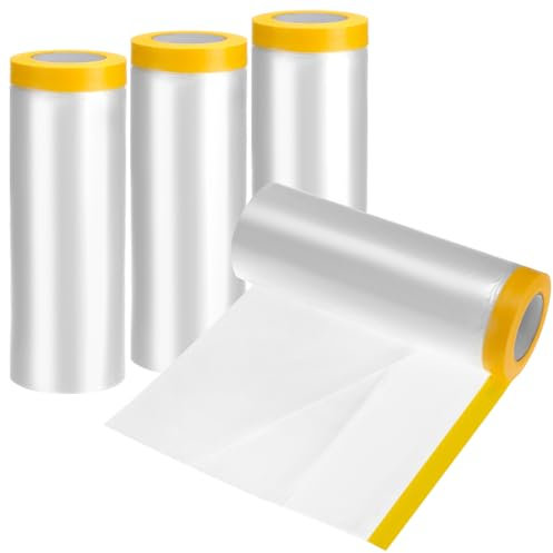 QWORK® 4 Rouleaux film de protection anti-poussière plastique, 2.4 m x 20 m film de masquage avec ruban adhésif, pour peindre, décorer, recouvrir de meubles