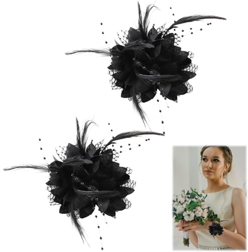 Lot de 2 pinces à cheveux en forme de rose noire avec perles et plumes pour corsage - Pour femme et fille - Pour anniversaire, fête de mariage - Noir