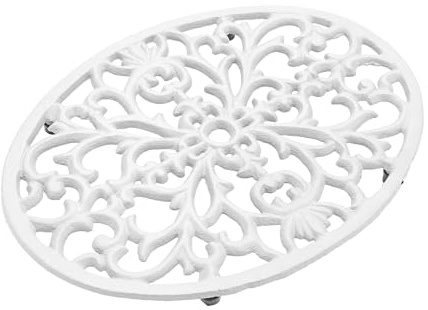 SUMTree Oval Cast Iron Trivet Hot Pot Holder Mat, 24.5*18.5*1.8cm, White | Decorative Heavy Duty Vintage Pattern Cast Iron Trivet Hot Pot Holder Mat with Rubber Pegs for Kitchen Dining Table Worktops