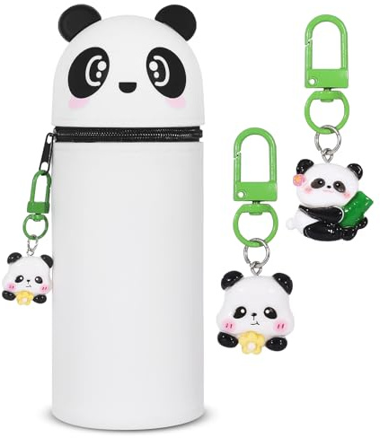 QMLING Kawaii Federmäppchen Mäppchen, 2-in-1 Weiche Silikon Panda Federtasche, Cartoon Stand Up Tier Stifthalter für Mädchen Junge (Panda)