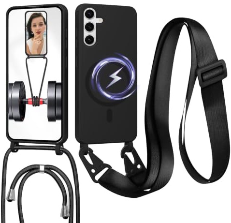 FERLAN Handykette mit Band für Samsung Galaxy S24/S25 Hülle, Lanyard (abnehmbar) Handyhülle Case mit justierbarer Schnur Abnehmbar Strap, Crossbody Schutzhülle zum Umhängen Kordel, Schwarz