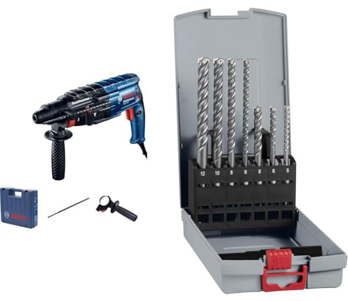 Bosch Professional Bohrhammer GBH 240 (inkl. Zusatzhandgriff, Tiefenanschlag 210 mm, Handwerkerkoffer) + 7x PRO SDS plus-5X Hammerbohrer-Set (für Beton, Kalk- und Sandsteine, Ø 5-12 mm, Zubehör)