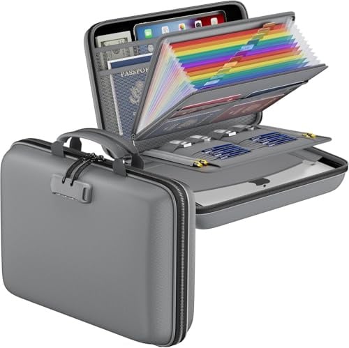 Porte-documents ignifuge avec serrure, boîte de rangement rigide avec 13 compartiments, organiseur de documents, portable, rangement de documents pour la maison, le bureau, les documents A4/factures