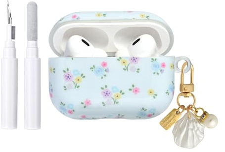 Reownest Hülle für AirPods Pro 3 mit Reinigungsset, Süßes Blumendesign mit Eleganten Blüten, Weiche TPU Schutzhülle für Mädchen Frauen, Kompatibel mit AirPods Pro 3. Generation – Blau