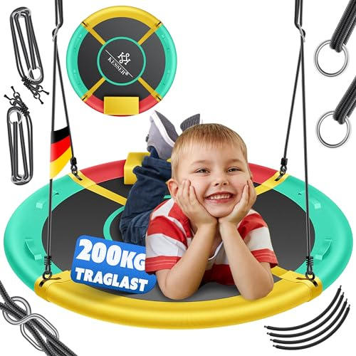 KESSER® Nestschaukel Tellerschaukel Hängeschaukel Rundschaukel Ø 60cm Schaukel bis 200kg belastbar mit Kissen & 4 Griffen verstellbar Kinderschaukel Indoor & Outdoor für Kinder & Erwachsene Tropical