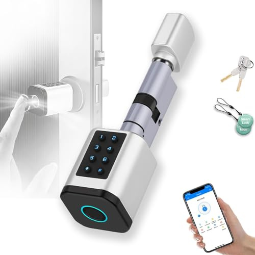 Serrure à Empreinte Digitale, Serrure Intelligente Euro Profil, Longueur Réglable 70-90 mm, Déverrouillage par App, Code, RFID, Clé, pour Porte d'Entrée