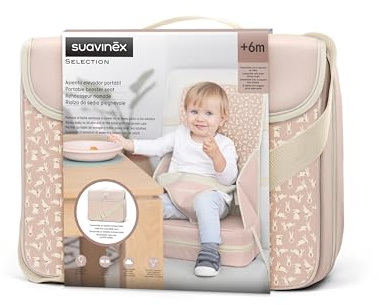 Suavinex, Réhausseur de Chaise Haute Bébé, Siège pour Bébé Portable Convertible en Mallette Transportable, Siège Table Ultra Léger, Compact, Siège Moelleux avec Harnais 3 Points, Bébé +6 Mois, Rose