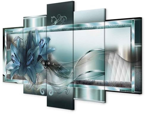 B&D XXL - Tableau décoratif nature 200x100 cm - Impression sur toile colorée - Décoration murale pour salon et chambre - Abstraction vagues fleurs lys nature bleu ornements plantes b-C-0153-b-n