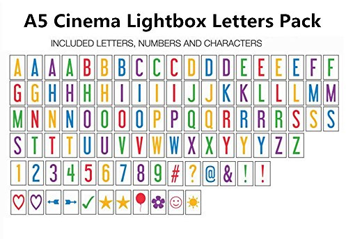 Buchstaben-Set mit Emojis und Symbolen für A5 große Kino-Leuchtkästen bunt