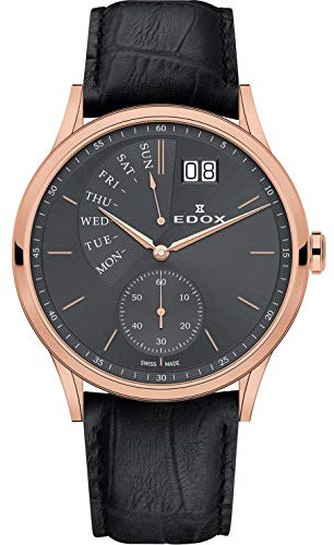 EDOX Les Vauberts Herren-Armbanduhr 42mm Armband Leder Schwarz Gehäuse Edelstahl Batterie 34500 37R Gir