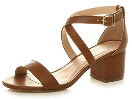 Ajvani Womens Ladies mid Low Block Heel Cross Straps Party Strappy Sandals, 4 UK, Tan Matte
