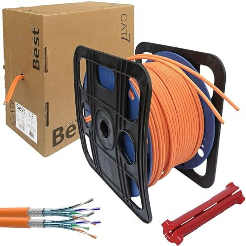 CAT.7 Netzwerkkabel 100m Duplex Verlegekabel LAN Kabel Reines Kupfer S/FTP PiMF LSZH Halogenfrei RoHS Ethernet Cable Datenkabel Installationskabel PoE 10Gbit/s RoHS konform (Orange) + ABISOLIERER