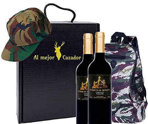 Caja Regalo Vino - Pack de 2 Botellas de Crianza + Regalo Al Mejor Cazador + Kit con Gorra y Mochila de Camuflaje para Caza - D.Origen Olite Navarra - Ideal para regalar
