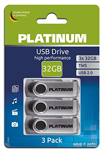 PLATINUM TWS USB-Stick 32 GB 3-Pack USB 2.0 USB-Flash-Laufwerk - 3er Pack Speicher-Stick in schwarz-Silber inkl. Öse zur Befestigung am Schlüsselanhänger