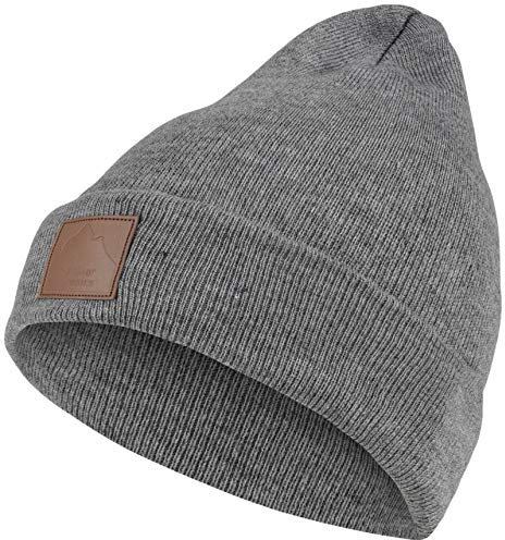 Warme Damen Beanie Mütze | Herren Mütze mit Leatherpatch | Strickmütze Wintermütze | für Frauen Männer Unisex | Cuffed Hats Weich & Warm hellgrau