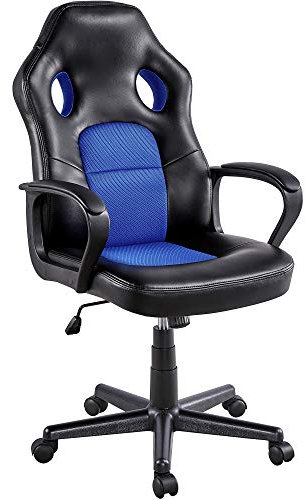 Yaheetech Bürostuhl Racing Stuhl Gaming Stuhl ergonomischer Chefsessel Drehstuhl mit Wippfunktion Sportsitz, höhenverstellbar, aus Kunstleder, gepolsterte Armlehnen, Rückenschonend, Blau