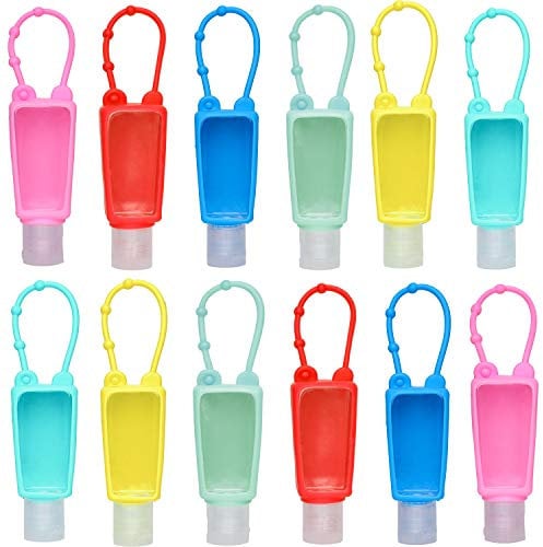 12 Pack Kids Hand Sanitizer Holder Keychain, Empty Travel Size Bottle with Silicone Keychain Holder and Flip Cap Reusable Squeeze Containers 30ml/1oz for Backpack, Pocketback, School, Camping-Style B