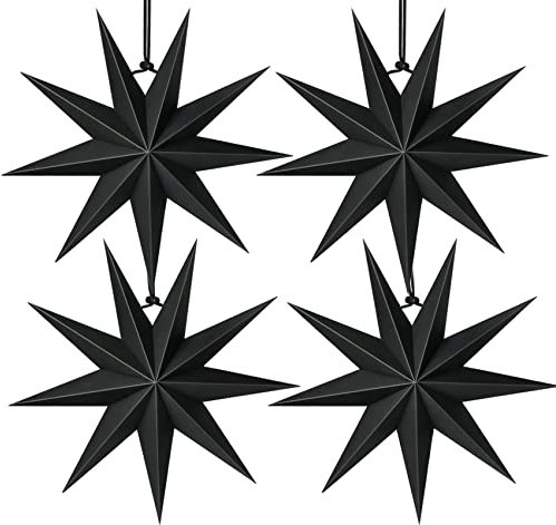 HOUISM Papierstern Schwarz 4 Stück Faltstern Weihnachten 30cm 3D Sterne Form Hänge-Deko aus Papier zum Fenster Dekoration, Advent, Weihnachtsbaum