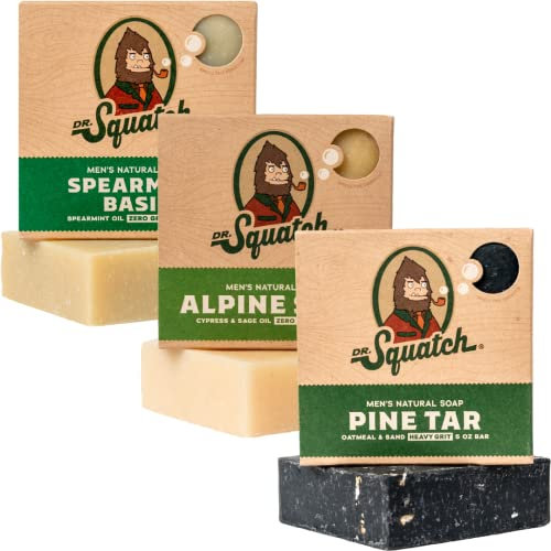 Dr. Squatch Alle natürlichen Seifenstücke für Männer, 3-Riegel-Varietätspackung, Kiefern-Teer, Alpine Sage und Krauseminze Basilikum