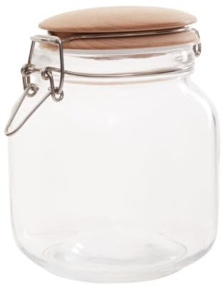 Premier Housewares Midsize 1050 Ml Square Crystal Glass Exquisite Storage Jar For Kitchen With Round Wooden Lid And Clip Lock Clasp, W11 x D11 x H16 cm