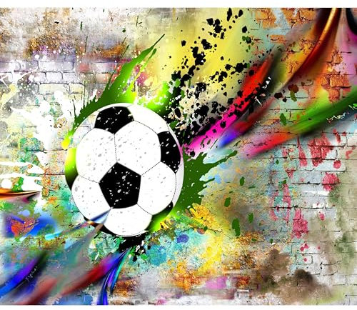 decomonkey - Papier Peint Panoramique Adhésif Graffiti Football 343x256 cm - Stickers Muraux Autocollant - Rouge vert jaune blanc - Brique graffiti coloré moderne football sport fond adolescent