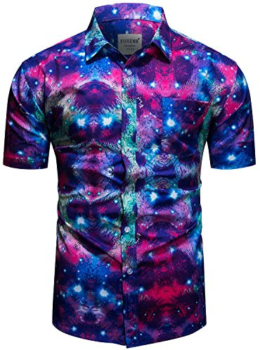 fohemr Hommes Léopard Motif Ciel étoilé Chemise Manches Courtes Button Down Chemise de Loisirs Chemise d'été Violet X-Large