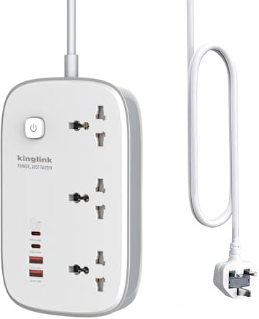 3 Way Extension Lead with USB Slots, Power Strip with GaN 65W USB C Charger, USB C Plug and Surge Protection Extension Cable, Extension Cord 2 Meter for Home Office, White