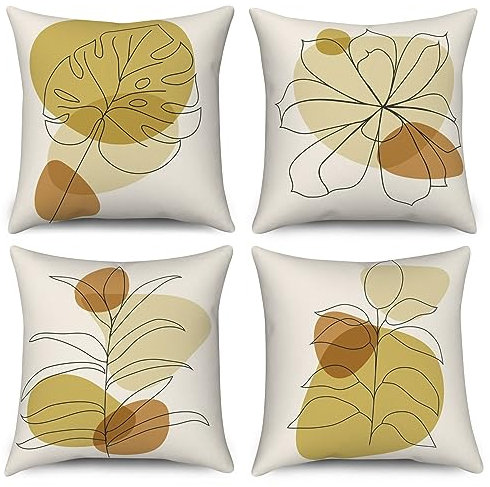 ASDCXZ Boho Kissenbezug 40x40 cm 4er Set, Modern Abstrakt Kunst Boho Blätter Sonne Beige Dekokissen Kissenbezüge Kissenhülle Waschbar Polyester Flachs Textil Polster Kopfkissenbezug Kissen Bezug