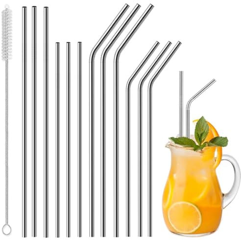 Vinaco Stainless Steel Straws Reusable, 12 Pack 8.5 & 10.5 Metal Straws 0.24 for 20 oz - 32 oz Tumblers, Long Drinking Straws with Cleaning Brush for Coffee, Juice, Cocktail and Hot Drinks